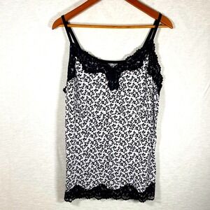 Lane Bryant Cami Tank Top Women's 22/24 Black White Lace Leaf‎ Print Baby Doll